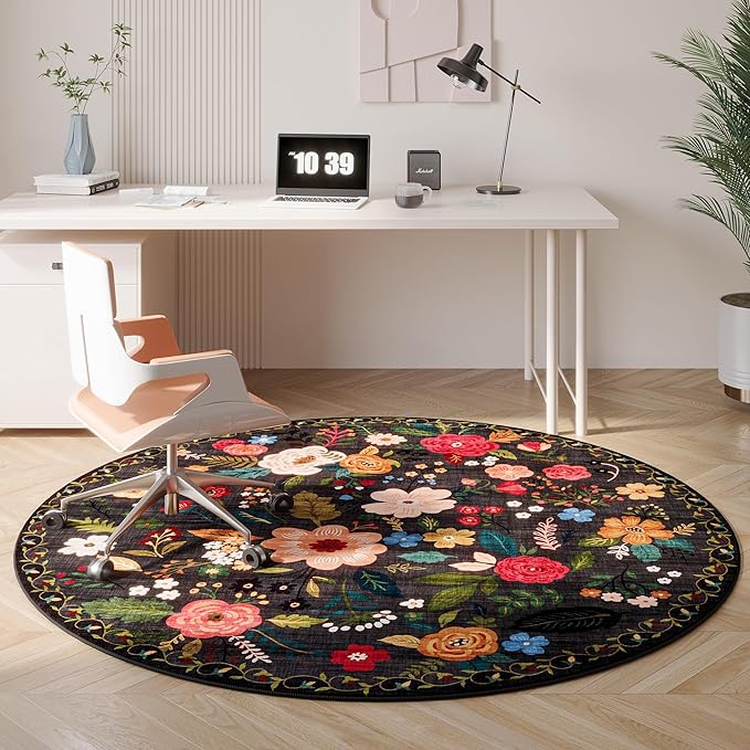 Round Rug 4ft Washable Circle Rug Non Slip Low Pile Boho Floral Small Circular Rug for Bedroom, Bathroom, Entryway, Kids Room, Office, College Dorm(Black)