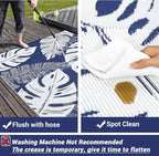 GAOMON Large Outdoor Plastic Rug 10x14 Waterproof Straw Rug Reversible Foldable Camping Mat with Stakes & Bag, Modern Tropical Leaf Farmhouse Outside Carpet for Patio RV Garden Deck, Blue