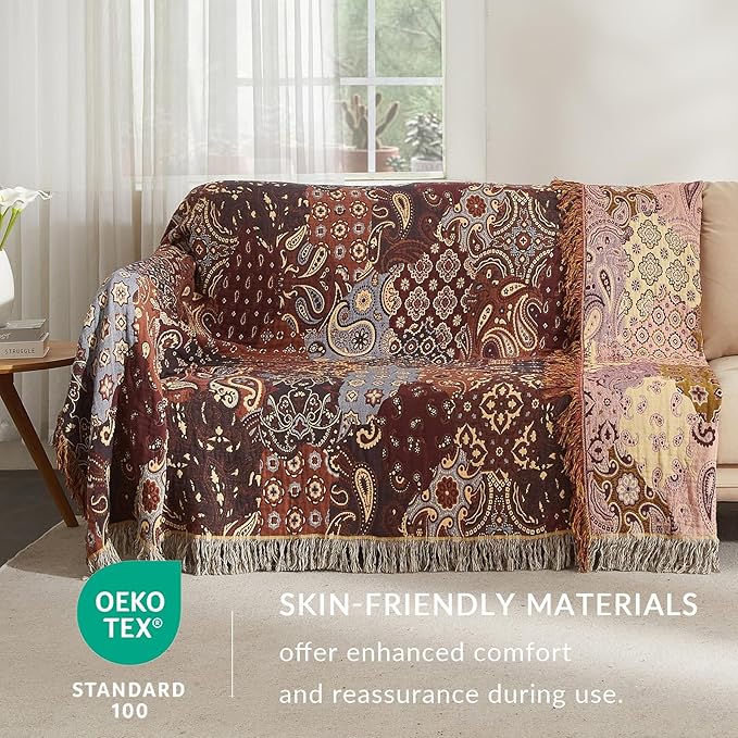 Boho Throw Blanket for Couch Sofa Bed, 100% Cotton Woven Quilt with Tassel 60”x80”, Super Soft Muslin Blanket with Patchwork Printed, Decorative Reversible Bed Blanket/Cover for All Seasons
