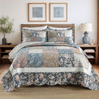 Yvooxny 3-Piece Quilt Set King Size Quilted Bedspread Reversible Country Style Blue Floral Paisley Real Patchwork Bedding Quilt Set with Ruffles with Pillowcases for All Seasons, 108 * 96 Inches