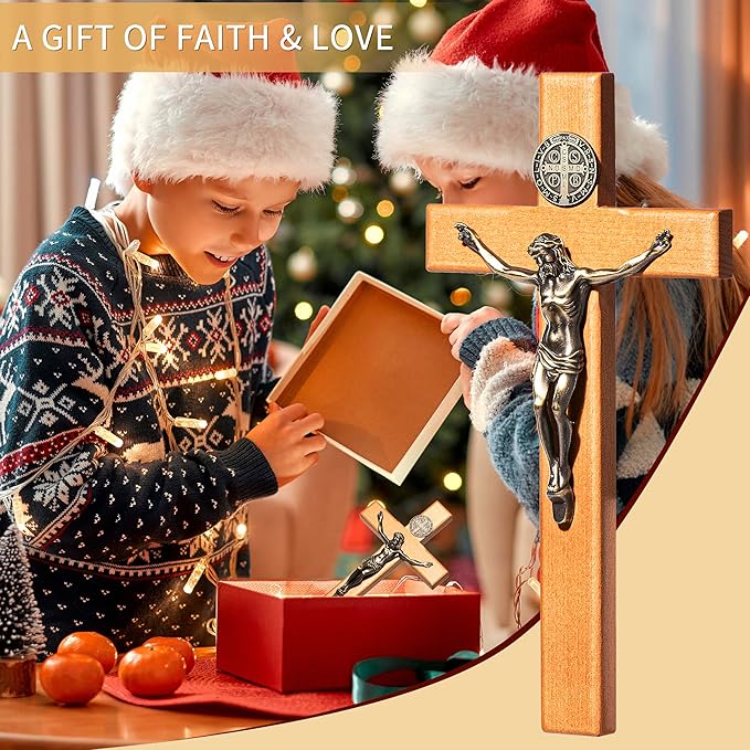 ACHIBANG 10" Crucifix Wall Cross Catholic, Wooden Wall Cross with Jesus and Saint Benedict Medal for Home or Prayer Room, Catholic Gifts