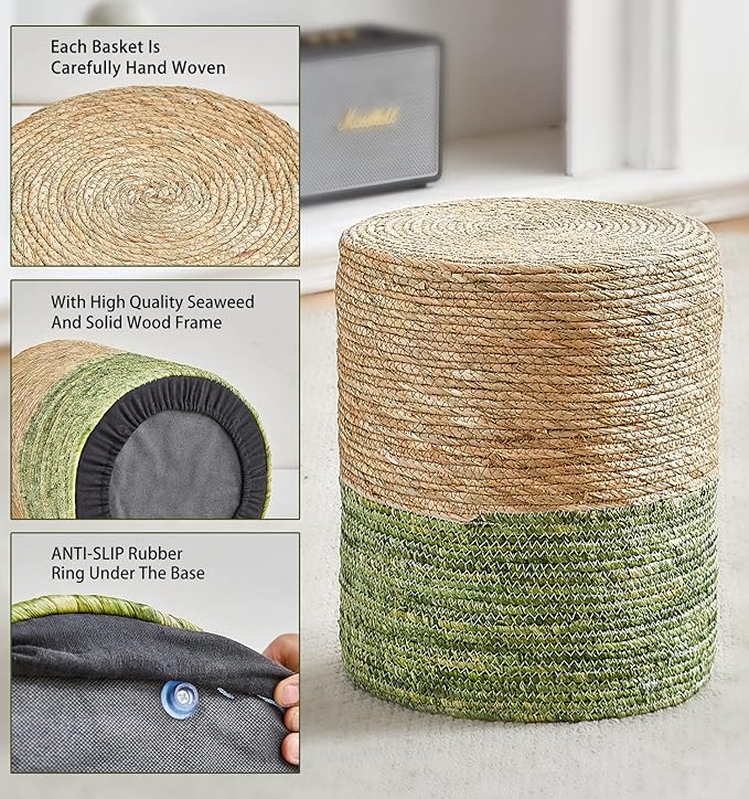 Wimarsbon Ottoman Poof, Natural Seagrass Poufs, Hand Weave Round Footstool, Pouffe Accent Chair, Sitting Braided Footrest W/Jute Cover, Outdoor Ottomans for Living Room, Bedroom