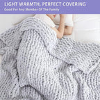 Bigacogo Chunky Knit Throw Blanket for Couch, 51x63 inches, 100% Hand Knitted with Thick Jumbo Chenille Yarn, Cozy Soft Large Rope Knot Cable Crochet Blankets for Sofa Bed Living Room, Light Grey