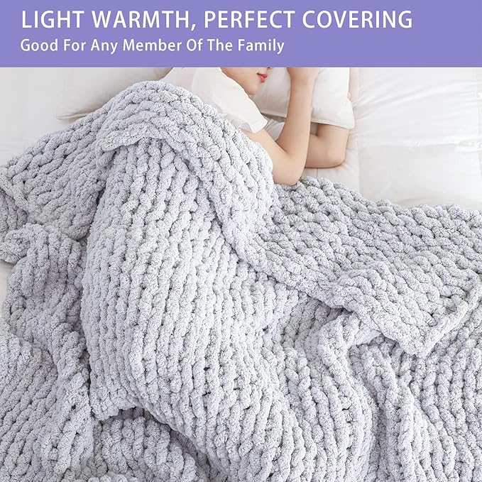 Bigacogo Chunky Knit Throw Blanket for Couch, 40x60 inches, 100% Hand Knitted with Thick Jumbo Chenille Yarn, Cozy Soft Large Rope Knot Cable Crochet Blankets for Sofa Bed Living Room, Light Grey