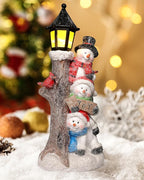 iStatue Lighted Stacked Snowman Tabletop Decor Figurine with Lamppost Lantern - 11.2'' Resin Cardinal Christmas Decorations Indoor - Unique Xmas Gift Idea (Joy Trio)