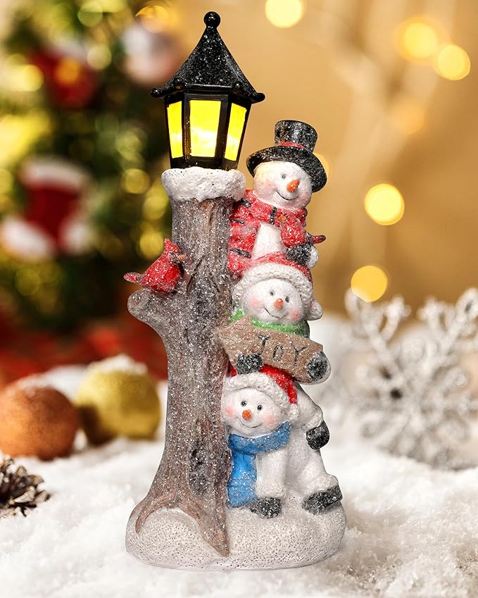 iStatue Lighted Stacked Snowman Tabletop Decor Figurine with Lamppost Lantern - 11.2'' Resin Cardinal Christmas Decorations Indoor - Unique Xmas Gift Idea (Joy Trio)