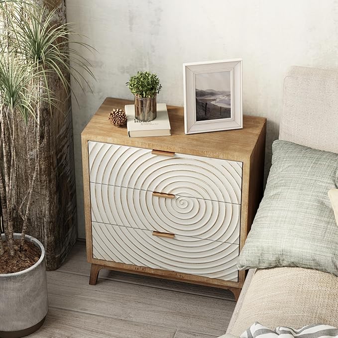 LONYKE Farmhouse 3 Drawer Dresser, White Nightstand with Handcrafted Wood Ring Motif for Bedroom, Rustic & Natural, Fully Assembled, Boho