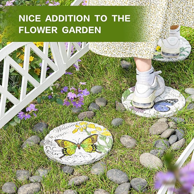 Sungmor 3PC Pretty Garden Stepping Stones, 9.8" Large Concrete Decorative Stones with Beautiful Pattern, Unique Outdoor Lawn Accents, Yard Walkway Flower Bed Wall Shelf Welcome Friends Decorations