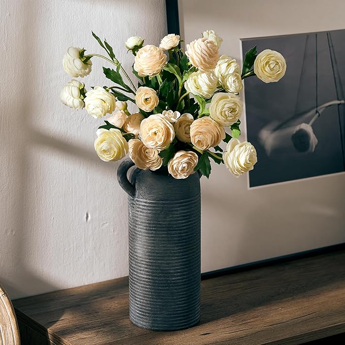 10.16" Tall Ceramic Rustic Vase for Home Decor, Terracotta Vase with Handles, Handcrafted Vintage Decorative Flower Vase for Farmhouse, Living Room, Table, Fireplace, Nightstand- Black Bronze