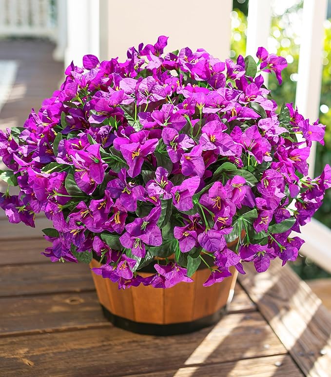 Fake Bougainvillea Artificial Flowers for Outdoors, 4 Bundles Realistic Fake Flower UV Resistant Silk Flowers for Outside, Faux Plants for Planter Patio Porch Window Garden Home Decoration (Purple)