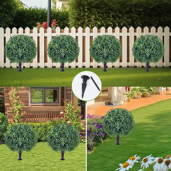 Artificial Boxwood Sphere Bushes Set of 2 Lifelike - UV Resistant Faux Shrubs with Stakes for Effortless Porch, Planter & Indoor Decor 16in FZHCZWZX