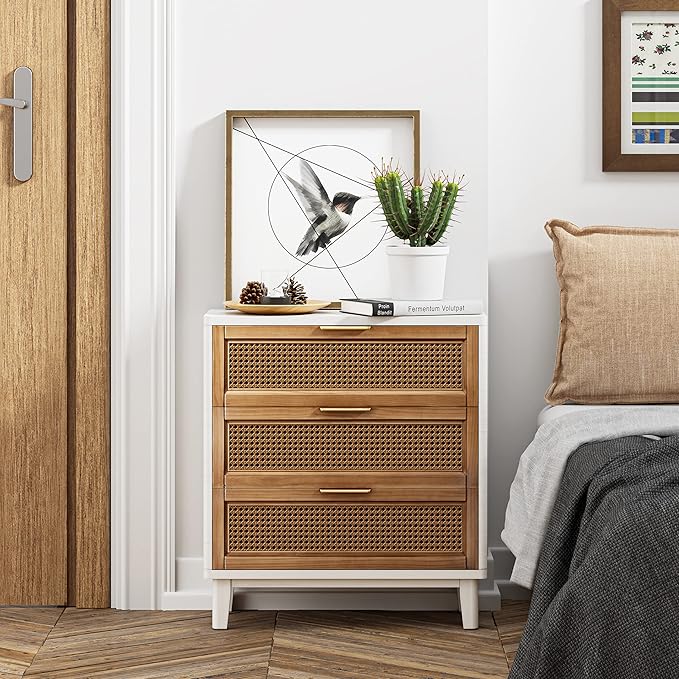 COZAYH Farmhouse 3-Drawer Nightstand, Set of 2 Rattan Cane Front Accent Dresser with Brass Pull, Distressed White