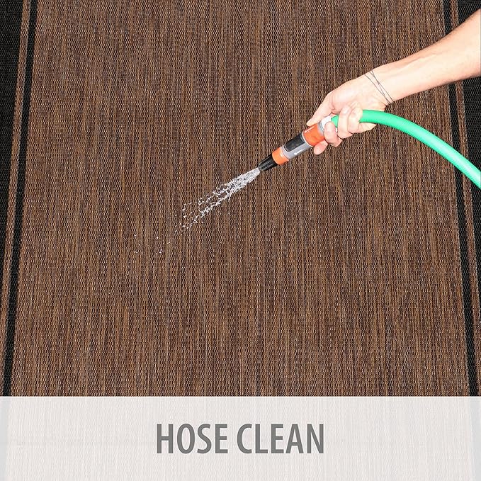 CAMILSON Indoor Outdoor Rug, 5x7 Bordered Nut Brown Black Modern Area Rugs for Indoor and Outdoor Patios, Kitchen and Hallway Mats, Washable Porch Deck Outside Carpet (Bordered Nut Brown Black, 5 x 7)