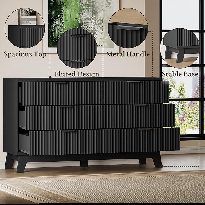 53" Long Dresser for Bedroom, 6-Drawer Dresser with Fluted Fronts, Wide Wood Chest of Drawers, Smooth Metal Slides, Stable Base, Modern Clothes Storage Cabinet for Living Room, Hallway