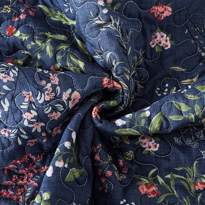 Travan 3-Piece Quilt Set Quilted Bedspread Lightweight Coverlet Set Garden Style Floral Printed Oversized Quilted Bedding Set for All Season, Blue Flower Sea, King Size