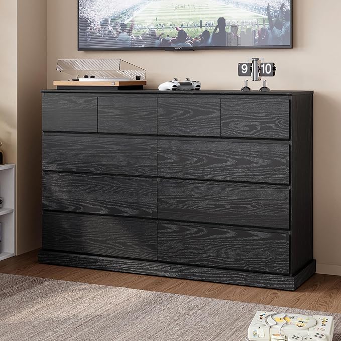 LINSY HOME 10 Drawer Dresser for Bedroom, 53" Wide Chest of Deep Drawers, Modern Farmhouse Wood Dressers with Storage, Large Drawer Organizer for Bedroom, Living Room, Handless Design, Black