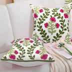 Alysheer Floral Embroidered Summer Decorative Throw Pillow Covers 20"x 20" Set of 2, Farmhouse Cottage Hot Pink Flowers Green Leaves Knit Pattern Cotton Canvas Cushion Case for Couch Bed Living Room