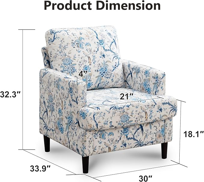 Mid-Century Accent Chair,Modern Linen Fabric Armchair for Living Room,Comfy Upholstered Reading Accent Chairs for Bedroom,Single Sofa Chair with Wood Legs (Blue Flowered Bird, 1 Pack)