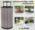 Alpine 32 Gallon Commercial Outdoor Trash Can - Heavy Duty Garbage Can Outdoor, Industrial Trash Can with Plastic Panels for Patio, Parks, Trails & Resorts (Rain Bonnet Lid - Grey)