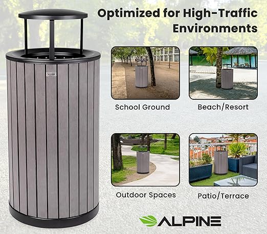 Alpine 32 Gallon Commercial Outdoor Trash Can - Heavy Duty Garbage Can Outdoor, Industrial Trash Can with Plastic Panels for Patio, Parks, Trails & Resorts (Rain Bonnet Lid - Grey)