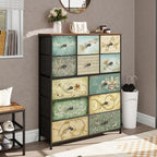 Tohomeor Dresser with Drawers for Bedroom Chest of Drawers Fabric Dresser for Closet,Nursery Entryway Hall Tree TV Stand for Living Room Retro Floral Pattern Drawers Wooden Top (12 Drawers)