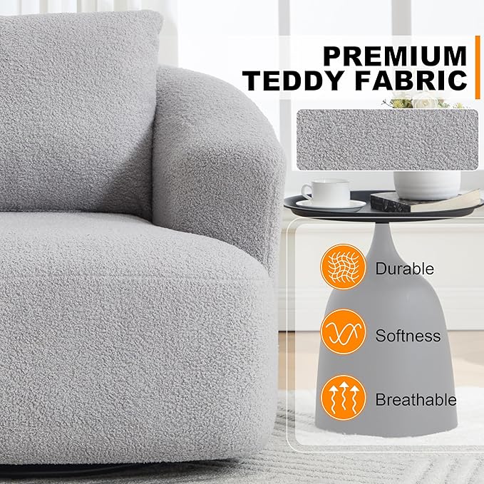 Luxlen Swivel Accent Chair with Pillow for Living Room, Teddy Fleece Upholstered Single Sofa, 360° Rotating Barrel Chair with Metal Base for Bedroom, Office, Apartment - Light Gray