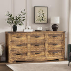 Dresser for Bedroom with 9 Drawers, 59" Wide Wood Chest of Drawers with Deep Drawers & Mental Handle, Modern Dresser TV Stand, Wooden Closet Storage Organizer for Living Room, Hallway, Entryway, Brown