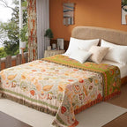 Boho Throw Blanket Twin Size, Soft Cozy Cotton Muslin Quilt Blanket for Bed Decor, Floral Patterned Couch Sofa Chair Cover, Vintage Farmhouse Cottage Tapestry Woven Blanket, Coral&Green