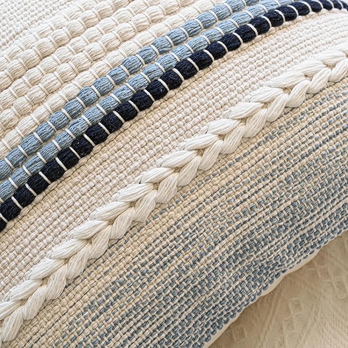 BlissBlush Coastal Blue Boho Decorative Throw Pillow Cover 22x22 Modern Bohemian Accent Pillow Case Square Woven Textured Farmhouse Pillows for Couch Bed (Pack of 1)