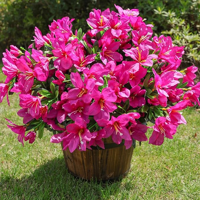 Artificial Flowers for Outdoors, 3 Bundles Fake Silk Azalea Bouquet Faux Flower Plants Outside Decoration UV Resistant Realistic Fake Flowers for Planter Front Door Patio Garden Walkways Home, Fuchsia