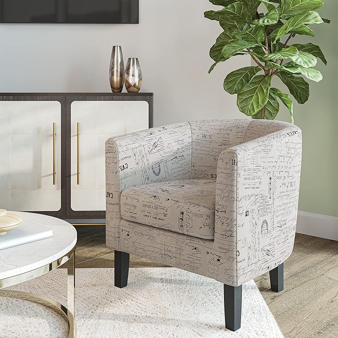 BELLEZE Accent Barrel Chair, Linen Round Chair Club Tub Sofa Corner Chair with Flared Legs and Cozy Soft Padding for Living Room Bedroom Waiting Room - Black & Beige