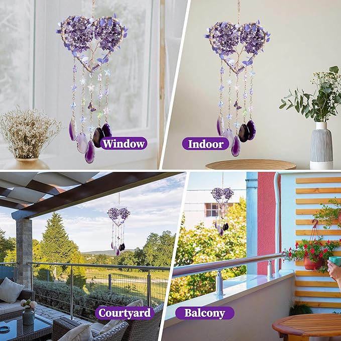 Tree of Life Dream Catchers, Dreamocean Amethyst Crystal Suncatcher Heart Rainbow Sun Catcher Window Wall Hangings Outdoor Garden Decor for Adults Girls