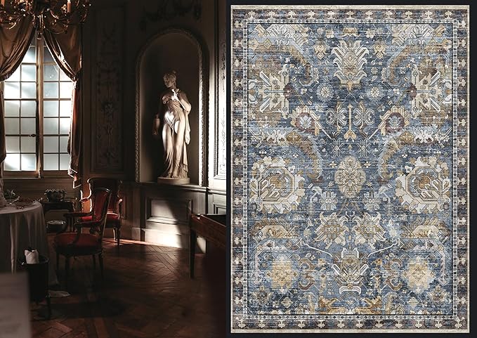 RUGSURE Washable Area Rugs - Perfect for Living Room, Bedroom, Kids Room, Nursery - Stain & Water Resistant Non-Slip, Pet & Child Friendly, Vintage Tribal Area Rugs (Navy, 6' x 9')