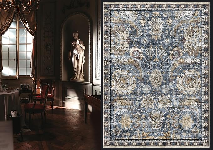 RUGSURE Washable Area Rugs - Perfect for Living Room, Bedroom, Kids Room, Nursery - Stain & Water Resistant Non-Slip, Pet & Child Friendly, Vintage Tribal Area Rugs (Navy, 9' x 12')