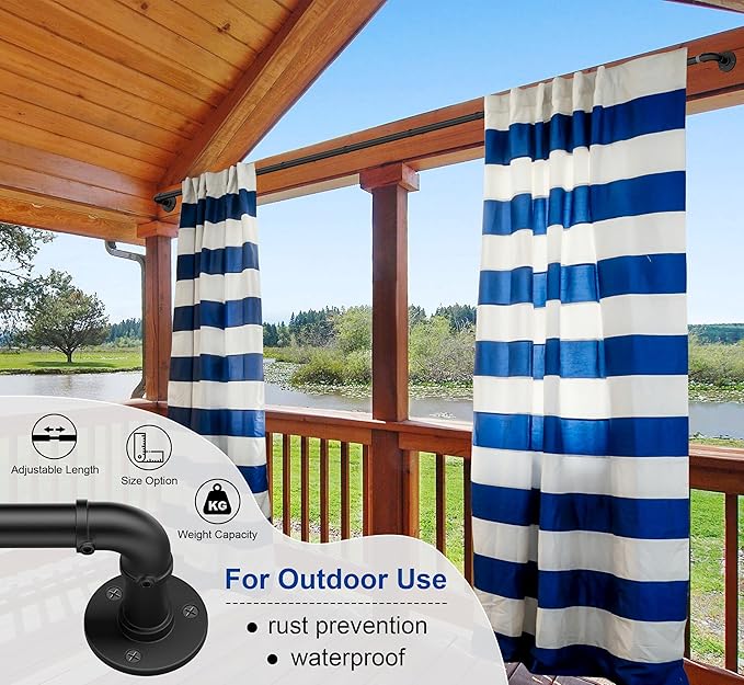Black Industrial Curtain Rods for Windows 66 to 120, Outdoor Blackout Curtain Rod, Wrap Around Heavy Duty Curtain Rods,1 Inch Drapery Rods, Rustic Pipe Curtain Rod 66-120 Inch