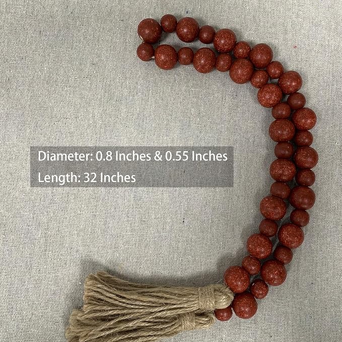 Handcrafted Farmhouse Wooden Decorative Beads Garland, Table Tray Boho Wood Beads with Tassel, Small Rustic Antique Decor for Home and Events (Rustic Red)
