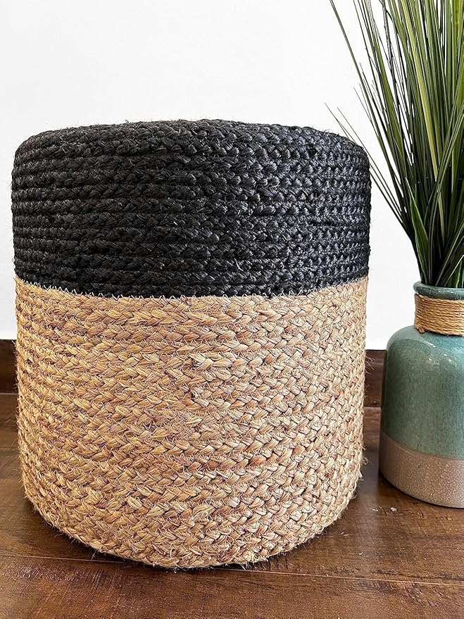 Jute Pouf Ottoman | Footrest Pouf | Hand Braided - Round Boho Pouffe - for Living Room, Bedroom, Nursery (16"x16"x16") Black