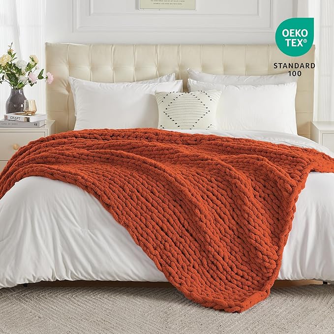 Carriediosa Chunky Knit Throw Blanket 50" X 60", 100% Hand Made Large Chenille Loop Yarn Soft Fluffy Throws for Couch Sofa Bed, Big Crochet Cozy Heavy Thick Cable Woven Blankets, Rust