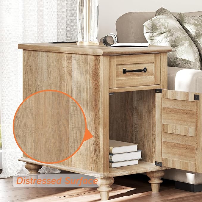 WAMPAT End Table with Charging Station, Wood Side Table with Drawer and Storage Cabinet, Modern End Table with Power outlets USB Ports for Living Room Bedroom, Oak