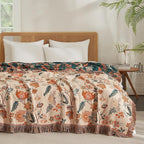 Boho Throw Blanket for Couch Sofa Bed, 100% Cotton Woven Quilt with Tassel 80”x90”, Super Soft Muslin Blanket with Floral Printed, Decorative Reversible Bed Blanket/Cover for All Seasons