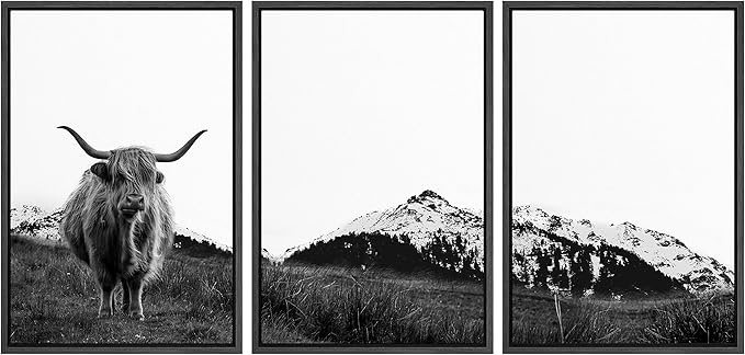 SIGNWIN 3 Piece Framed Canvas Wall Art Highland Cattle in Front of Snowy Mountain Duotone Black and White Canvas Prints Home Artwork Decoration for Living Room,Bedroom - 16"x24"x3 Panels