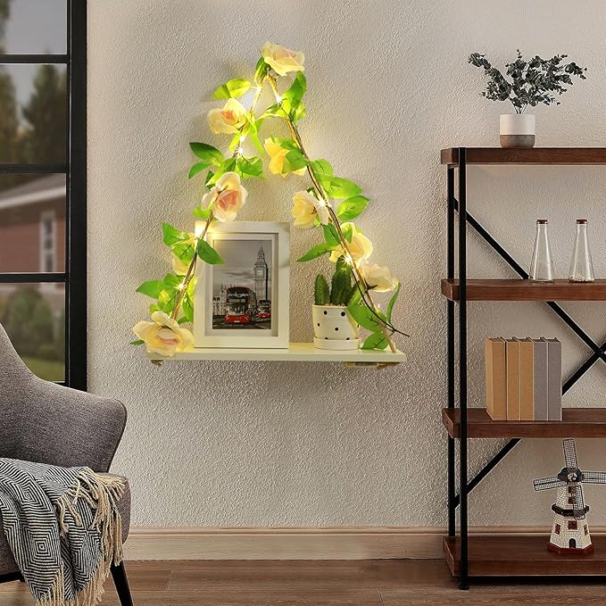 Floating Shelves for Wall,Plant Wall Decor,Hanging Shelf,Cottage Core Decor,Room Decor Aesthetic,Boho Room,Adhesive Shelves,Floating Shelves for No Drilling,Two-Piece Set(Champagne Flower)