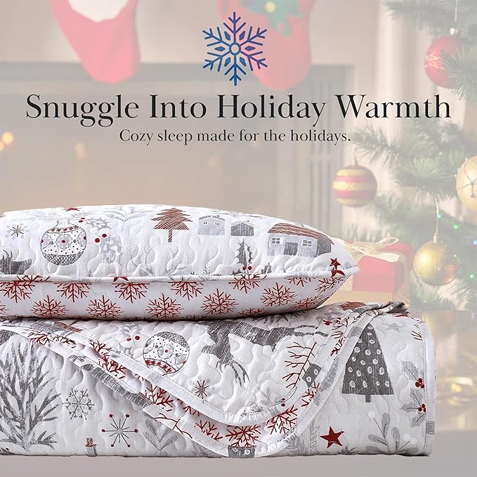 Southshore Fine Living, Inc. Holly Jolly Christmas Holiday Soft Bedding Set 3-Piece Oversized Quilt Set with Quilted Shams, Full/Queen