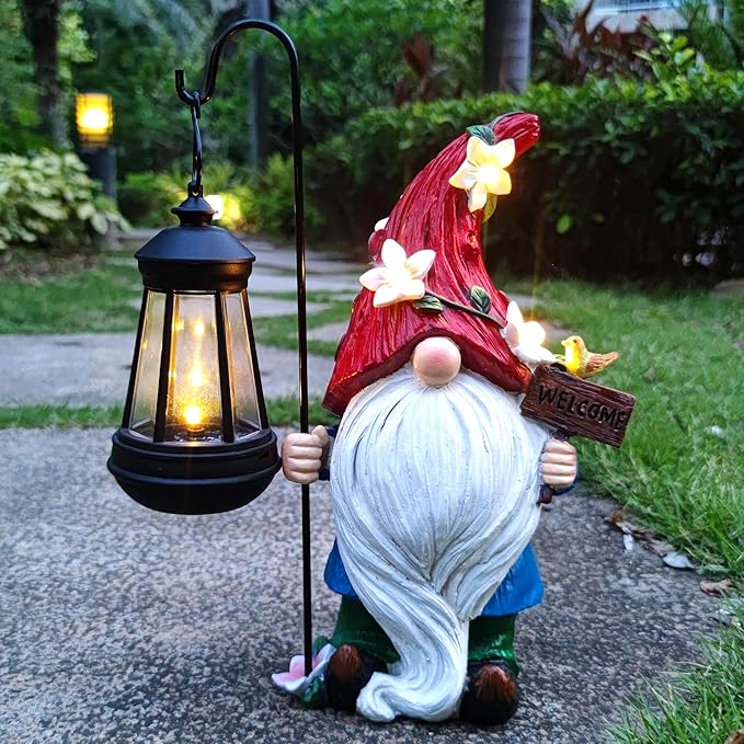 Solar Garden Gnomes Statue with Succulent and 4 LED Lights - Solar Lantern Gnomes Decorations for Yard Outdoor gnome Decorations for Garden, Patio Gnome Gifts for Mom