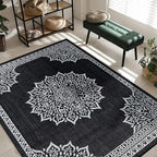 CAMILSON Outdoor Rug, 9x12 Medallion Black White Modern Area Rugs for Large Indoor and Outdoor Patios, Kitchen and Hallway Mats, Washable Porch Deck Outside Carpet (Medallion Black, 9 x 12)