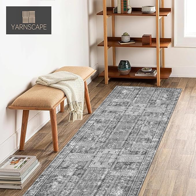 Vintage 2'6'' x 8' Washable Area Rug - Stylish Indoor Rug for Living, Dining or Bedroom - Lightweight Carpet with Non-Slip Backing - Foldable for Easy Placement and Maintenance - Grey