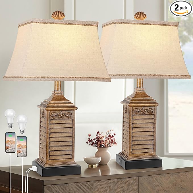 Table Lamps Set of 2 Coastal Beach Living Lamps for Bedroom with Dual USB Ports and One AC Outlet Brown Tropical Nautical Nightstand Bedside Lamps for End Table Home Decor with LED Bulbs
