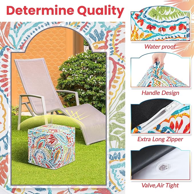 Juexica 2 Pack Ottoman Poufs Indoor Outdoor Inflatable Ottoman Stool Cube Pouffe Square Footstool with Handle for Patio Garden Home Boho Decorative Living Room, Bedroom(16 x 16 x 16 Inches)