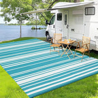 Waterproof Outdoor Rug 8x10 Contemporary Reversible Plastic Straw Rug, Easy Cleaning Striped Patio Carpet, UV-Resistant Indoor Outdoor Floor Cover for RV, Porch, Deck, Backyard, Light Blue