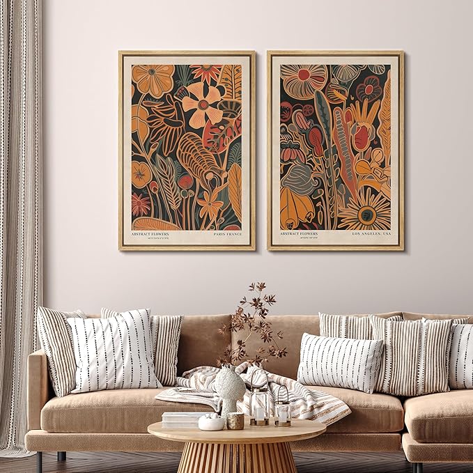 SIGNFORD Framed Canvas Print Wall Art Set Abstract Blossoms Vibrant Floral Illustration Modern Art Decorative Nordic Nature for Living Room, Bedroom, Office - 24"x36"x2 Natural